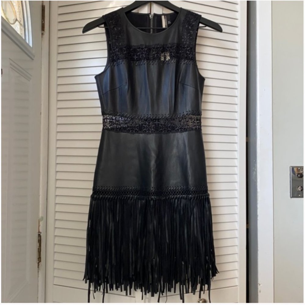 Topshop Black Faux Leather Fringe Dress 6